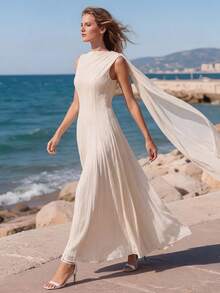 Đầm dạ hội dài không tay cổ tròn thanh lịch dành cho nữ, thiết kế xếp ly ở gấu đầm, dây đeo vai, chất liệu vải có họa tiết. - Màu be - Xem 2