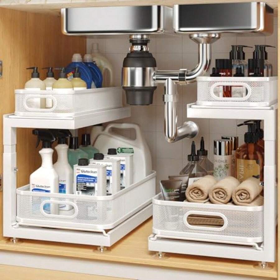 Paquete de 2 organizadores de almacenamiento debajo del fregadero con cajón deslizante de 2 niveles sofisticado estante extraíble de malla para cocina y baño se adapta a artículos pequeños pista - blanco - Ver 1