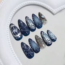 24Pcs Dark Blue Press On Nails Medium Almond Fake Nails With 3D Designs Halloween Acrylic Nails Full Cover Fall False Nail Tips Star Flower Bow Glue On Nails For Women Reusable Nail Kits - 花朵美甲-7 - 查看 3