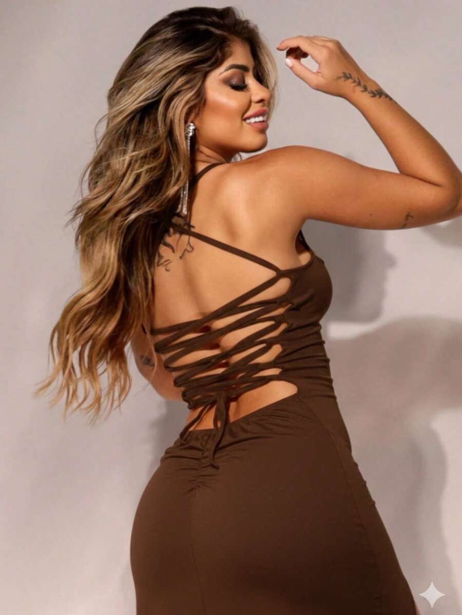 Brown Long Dress In High-Gramity Spandex With Padded Cups And Side Slit, Elegant Evening Dress For Parties - 鏽棕色 - 查看 1