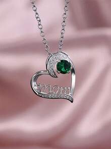 1pc Women's Cubic Zirconia Pendant Necklace, Suitable As Mother's Day Gift, Anniversary Celebration, Party Wear - Silver+Green - View 5
