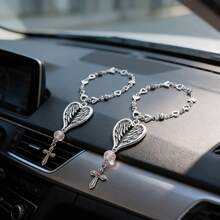 1pc Dreamy Angel Wing Heart Decor, Rhinestone Heart Steering Wheel Pendant, Guardian Heart Cross Pendant - Suitable For Car/Steering Wheel/Handbag, Elegant Silver Base With Rose Quartz Decor, Applicable For Car Interior And Bag Accessories - A - View 7