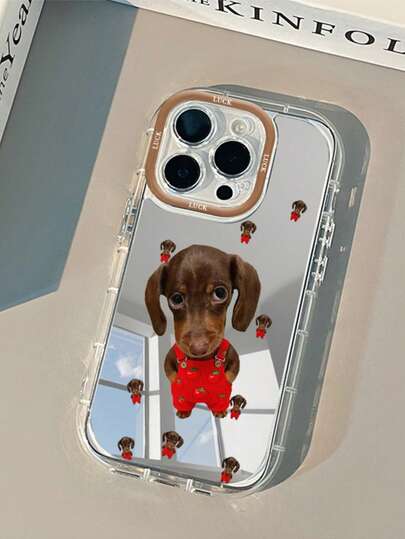 Dog 1pc Cute Dachshund Dog With Overalls Design Mirror Phone Case, 1.5mm Shockproof PC Hard Shell, Creative Perforated Lens Ring, Daily Gift For Friends And Girlfriends, Compatible With IPhone 17/17 Pro/AIR/17 Pro Max/16E And More