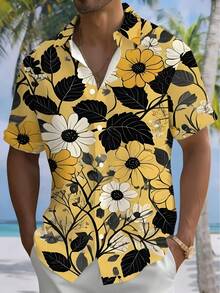 Golden Blooming Floral Pattern Symbolizes Vitality And Optimism With Bold Black Leaves Blending Harmony In Nature 3D Print Casual Short Sleeve Hawaiian Men Shirt Beach Summer Button Down Top - trắng - Xem 4