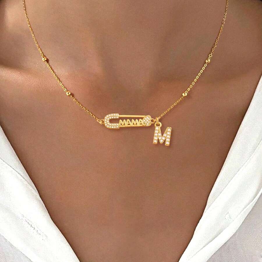 1件简约经典MAMA字母胸针吊坠金色不锈钢珠链项链女款 - 金黃色 - 查看 1