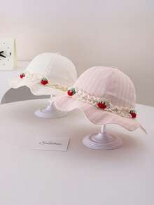 1pc Toddler Girls' Strawberry Lace Sun Hat, Wide Brim Bucket Hat For Spring/Summer UV Protection, Cute Children Beach/Outdoor Daily Wear - 1PC - View 7