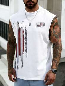 男士休闲宽松圆领美国国旗印花背心，适合夏季穿着 - 白色 - 查看 3