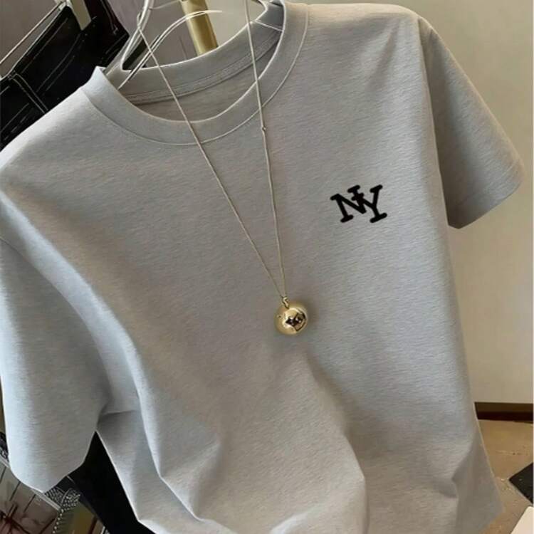 Women's Simple Pattern Printed Short Sleeve, Round Neck T-Shirt, Pattern T-Shirt Women's Top Loose And Comfortable Summer - 灰色 - 查看 4