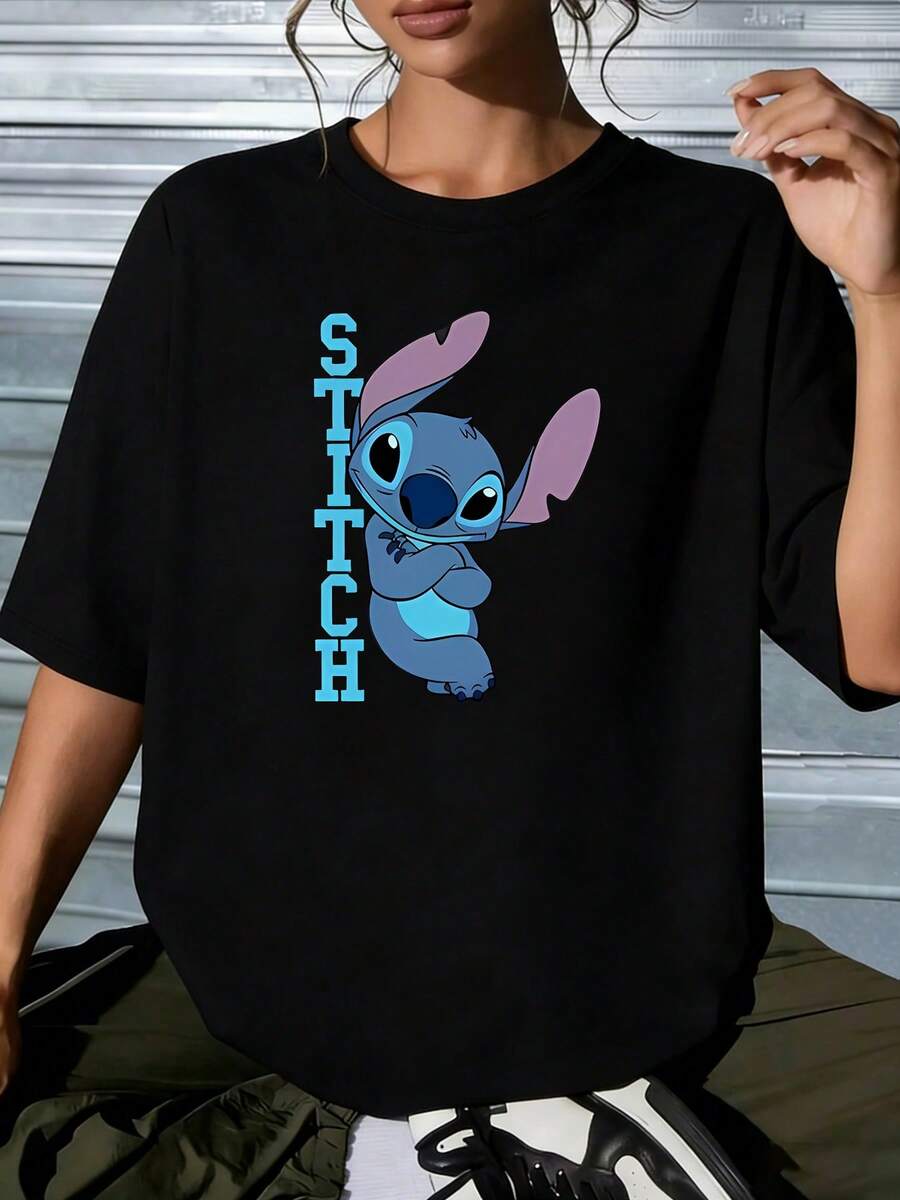 Disney Lilo & Stitch Cute Stitch Graphic T-Shirt, Vertical Letter Oversized White TeeCrafted From Soft, Comfortable, And Durable Pure Cotton Fabric, This Round-Neck T-Shirt Is An Ideal Choice For The Spring And Summer Seasons. Suitable For A Wide Range Of Occasions-Including Daily Wear, Shopping, Parties, Travel, And Social Gatherings-It Also Makes For An Exquisite Gift. - màu đen - Xem 1