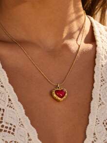 18K Gold Plated Green Heart & Red Heart Crystal Pendant Necklace, Bohemian Style Gold Summer Beach Vacation Accessories, Stainless Steel Delicate Cubic Zirconia Emerald Heart Necklace - Gold - View 11