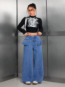 Quần ống đứng denim bohemian ARWY thanh lịch, giản dị, có túi khóa kéo, cúc, viền xếp ly/viền bèo, đa năng cho trang phục dạo phố, đi nghỉ, hẹn hò, mặc hàng ngày, mọi mùa - Rửa trung bình - Xem 6