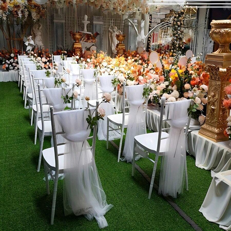10 Buah Selempang Kursi Transparan Warna Krem, Sarung Kursi Tulle Romantis untuk Acara Bridal Shower & Upacara Pernikahan - View 1