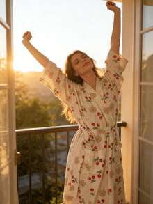 Lightweight Spring/Summer Robe/Sleepwear, Cherry And Bear Pattern Lightweight Robe/Kimono, Minimalist European Style, Long Sleeve, V-Neck, With Pockets, Comfortable Women's Loungewear Robe, Suitable For Spring, Summer, Autumn, Home, Bathroom, Best Gift For Daughter/Family Birthday - As Shown In the Figure - View 12