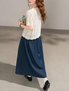 Women's Casual Loose Vacation Style Contrast Color Mesh Short Sleeve Top, Summer - Beige - View 2
