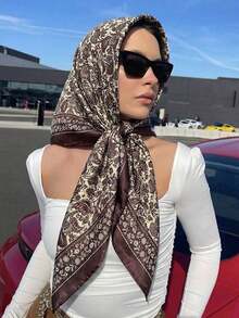 1pc Bohemian Vintage Paisley Palace Ditsy Floral Silk Bandana Scarf, Lightweight Breathable Shawl Wrap For Women, Suitable For Casual And Outdoor Wear, Spring/Summer Fashion Hair Accessories Women Hair Bands Elegant Headband - 咖啡色 - 查看 3