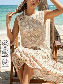 2026夏季女士波西米亚风流苏无袖上衣 - 圆领不对称下摆薄纱罩衫，适合假日派对、海滩度假、复活节和母亲节礼物 - 杏色 - 查看 5