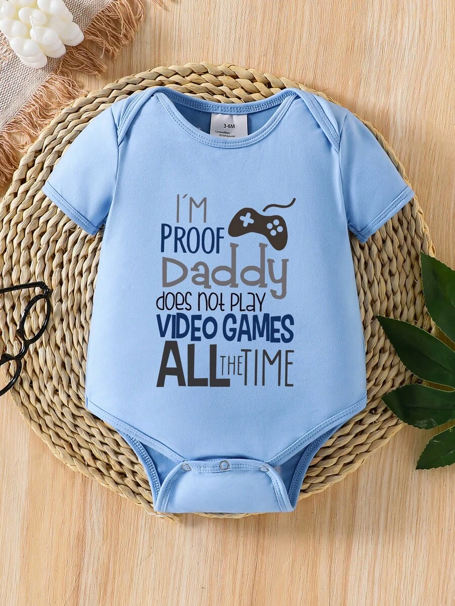 Infant Boy Slogan Print Round Neck Short Sleeve Casual Romper - Blue - View 1