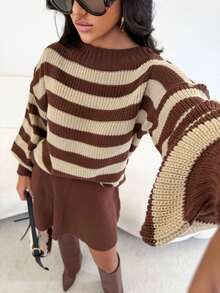 Women's Knit Set: Short A-Line Skirt And Striped Puff Sleeve Blouse - Fashion Blogger Style - Autumn/Winter - 查看 4