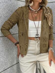 Vacation Style Casual Crochet Lace Zip-Up Hooded Cardigan - Brown - View 6