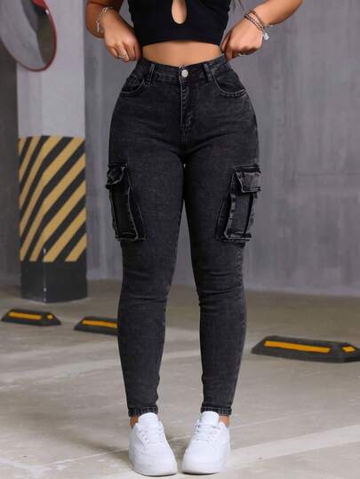 Pantalones de mezclilla skinny cargo, lavado gris oscuro, elásticos, con múltiples bolsillos, efecto levantador de glúteos, puños ajustados