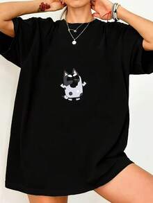 Shirts - Women's T-Shirts |   Cartoon Dog Pattern, Round Neck, Short Sleeves, Casual Style, Medium Stretch, Summer - Black, White Top - 黑色 - 查看 12