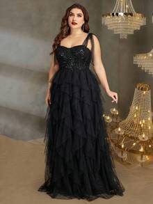 BluePlum Plus Size Layered Mesh Ruffle One-Shoulder Pleated Sequin Patchwork Herringbone Vintage Formal Gown Black Wedding Party - Black - View 3