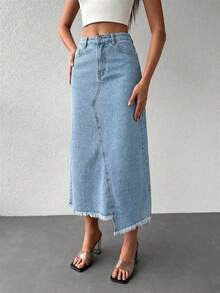 不对称下摆宽松口袋拼接毛边下摆休闲牛仔裙 - 淺色水洗藍 - 查看 2