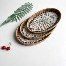 1pc Oval Rattan Colorful Shell Tray, 10.63 X 7.09 X 1.18 Inches, Rattan Colorful Shell Storage Basket, Home Decor, Jewelry Storage, Living Room, Dining Room Tabletop Decor - Colorful Shells - View 3