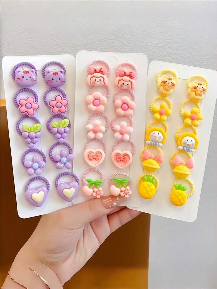 10pcs Cute Cartoon Girl Hair Scrunchies, Colorful Elastic Hair Ties With Decor, Sweet Girl Hair Accessories - Multicolor - View 1