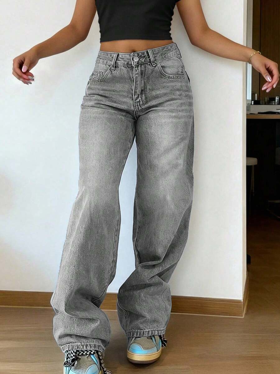 Jeans rectos holgados y apilados de estilo vintage para mujer, casuales - Gris Claro - Ver 1