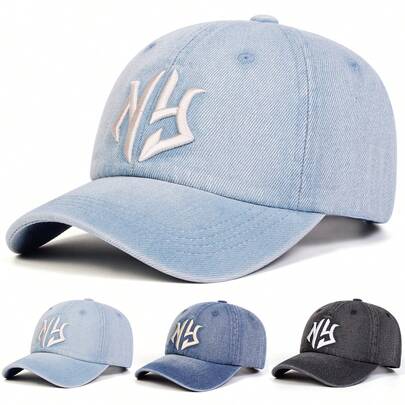 1 pieza Gorra de béisbol de mezclilla lavada con bordado de letra NY, sombrero casual de moda callejera para primavera/otoño, exterior, viaje, playa, verano