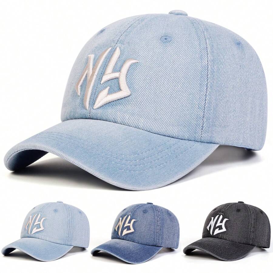 1pc Women's NY Letter Embroidered Washed Denim Baseball Cap, Street Fashion Casual Hat For Spring/Autumn Outdoor, Travel, Beach,Summer,Holiday,Festival - Multicolor - View 1