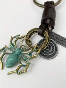1pc Antique Bronze Leather Keychain Pendant, Spider Charm, Minimalist & Fashionable Unisex Key Chain, Unique Design - Army Green - View 3