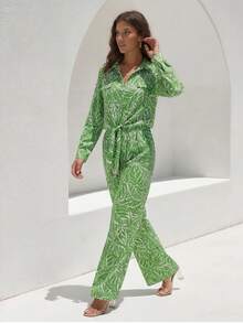 ZIAI 新叶印花长袖宽松优雅通勤休闲女式衬衫裤套装，春夏款 - 綠色 - 查看 6