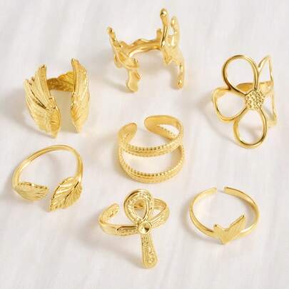 1pc Fashionable 304 Stainless Steel Minimalist Ins Style Seashell, Flower, Cross Niche Ring, #9 Adjustable Open Ring, Oil Pressure Ring, Vacuum Electroplated 18K Gold/Silver Color Accessories