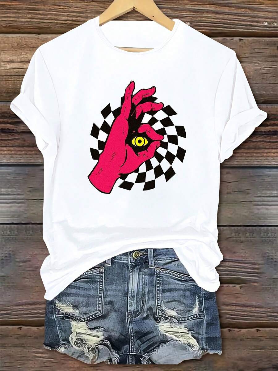 Nouveaux t-shirts d'été à manches courtes, T-shirt décontracté pour femme, idéal en toutes saisons, T-shirt imprimé graphique tendance pour femme, haut décontracté à manches courtes et col rond, vêtements légers, respirants et doux pour le printemps et l'été, tenue printanière, t-shirt en coton - Blanc - Voir 1