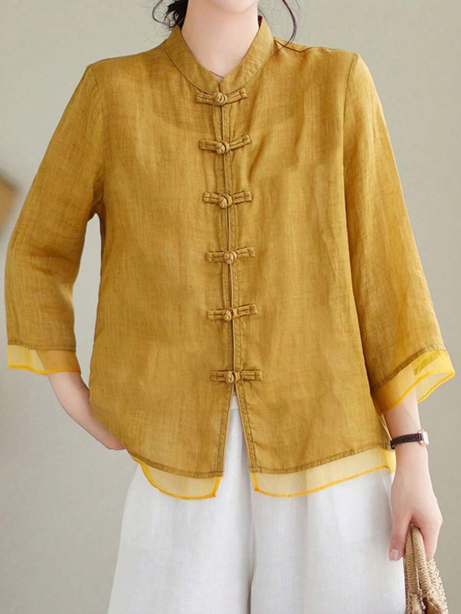 宽松复古中国风七分袖拼接设计衬衫 - 黃色 - 查看 1