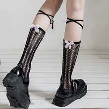 2双（黑白）系带蝴蝶结针织袜 春秋季交叉蕾丝踝袜 夏季轻薄洛丽塔风格踝袜 - 彩色 - 查看 5