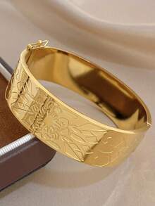 1pc Vintage Engraved Wide Bangle Bracelet For Women Chunky Stainless Steel Golden Bangle Bracelet For Party Mother Day Vacation Season Wedding Music Festival Valentine Christmas Jewelry Gifts - Multicolor - View 2