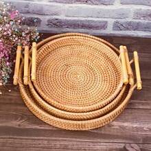 Cesta de almacenamiento con asa y correa de ratán, bandeja redonda para pan, aperitivos y frutas, cesta de almacenamiento tejida para Picnic - L - Ver 4