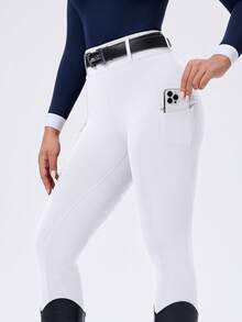ROYALS MATTINI Ladies' Solid Color Equestrian Cycling Pants - High Waist, Anti-Slip Silicone, Side Easy Access Pockets, Comfortable, All Season Wear - White - View 4
