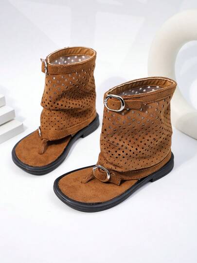 Summer New Kids High-Top Sandals, European And American Retro Girls Roman Shoes, Middle & Big Children Flat Thong Sandals, Girls Baby Sandals, Fashion Academy Style Princess Short Tube Leather Shoes