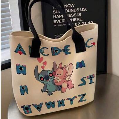 1PC Stitch Large Capacity Handbag With Bright Cartoon Print, Zipper Closure, Durable Polyester Lining - Large Capacity, Suitable For Shopping, Beach, Picnic, Ladies And Fans, Can Be Used As Wallet, Leisure Travel Bag, Fun Accessory, Shoulder Back Design, Portable Shopping Bag,Multi Functional Book Storage Bag, Suitable For Schools, Students, Teachers, And Book Enthusiasts