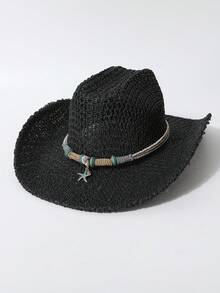 Mũ rơm dệt thoáng khí unisex mùa xuân/hè, mũ Panama, mũ cao bồi miền Tây mùa hè, thích hợp cho bãi biển, kỳ nghỉ và mặc hàng ngày. - A - Xem 5