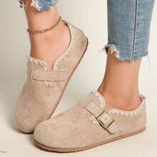 Women'Retro Round-Toe Flat Shoes With Buckle Closure, Solid Color Textured PU Upper, Cushioned Insole, Non-Slip Rubber Sole - Khaki - View 8