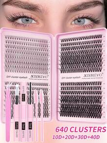 640片簇状假睫毛，浓密卷翘睫毛嫁接套装，D型卷翘，10-16mm混合长度，DIY睫毛嫁接套装，蓬松柔软的单根睫毛，打造丰盈自然的Y2K蝴蝶妆效，在家轻松DIY，持久睫毛胶水，DIY卸妆液，DIY镊子，簇状睫毛（10D+20D+30D+40D/30D+40D+50D+60D/50D+60D+80D+100D） - 彩色 - 查看 15