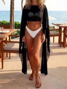 Women Chiffon Long Shawl Cape High Low Cape Sheer Mesh Poncho Top Solid Color Flowy Capelets Split Hem Cover Up Tops - Black - 黑色 - 查看 3