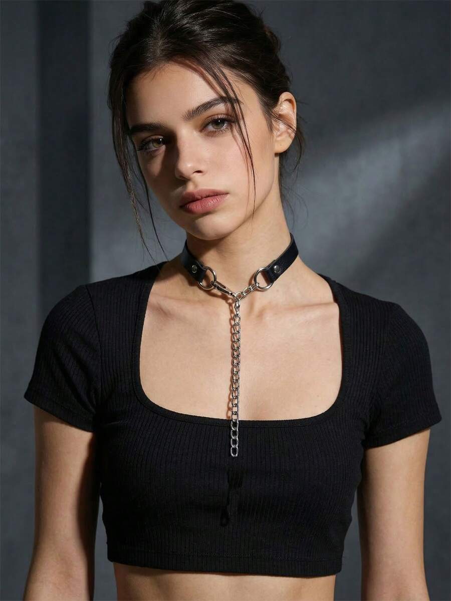 1件装时尚朋克摇滚哥特黑色PU皮革流苏原宿风铆钉项链束缚铃铛派对饰品配饰 - 黑色 - 查看 1