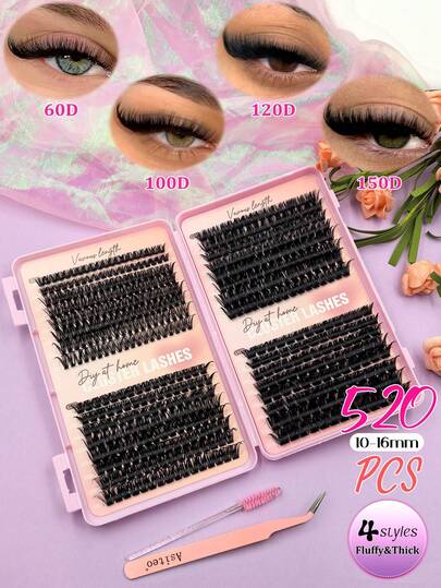  Asiteo 520 piezas Extensiones de pestañas individuales con rizo D extra grueso, 60D/100D/120D/150D, alto volumen, gruesas y esponjosas, crean un aspecto lujoso, pestañas postizas segmentadas fáciles de hacer en casa, 4 estilos gratis, kit de libro de pestañas con pinzas y cepillo, fácil de usar, adecuado para uso diario, boda, fiesta, al aire libre, viaje, carnaval, festival de música y otras ocasiones