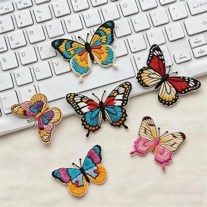 Bộ 6 miếng vá thêu, có keo dán, dùng để trang trí quần áo, mũ, áo khoác, đồ DIY, bộ miếng vá thêu hình bướm nhiều màu sắc, thích hợp để trang trí ốp điện thoại, túi xách và quần áo.